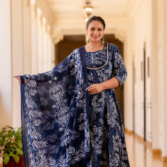Elegant Navy Blue Cotton Embroidered Anarkali With Dupatta Set (Plus Size)