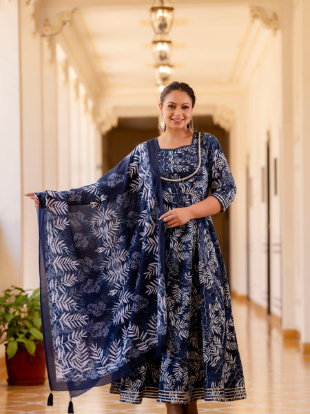Elegant Navy Blue Cotton Embroidered Anarkali With Dupatta Set (Plus Size)