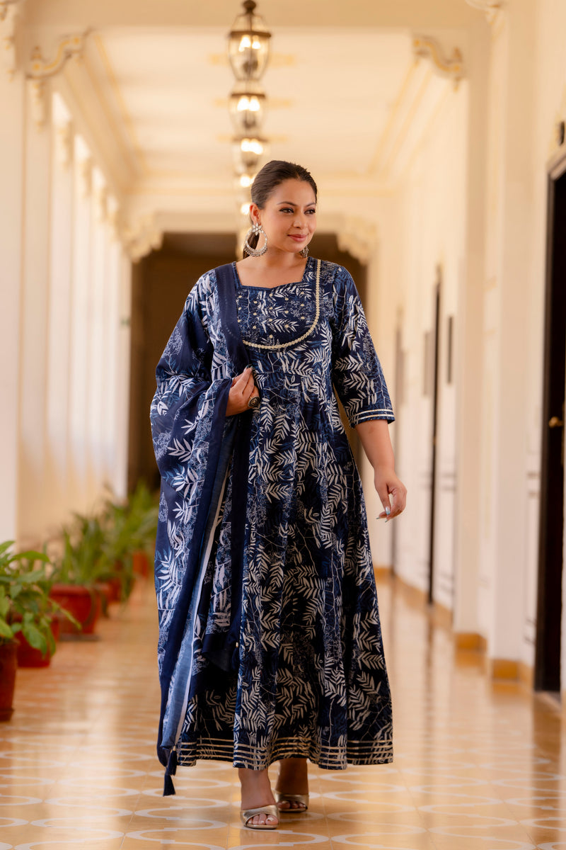 Elegant Navy Blue Cotton Embroidered Anarkali With Dupatta Set (Plus Size)