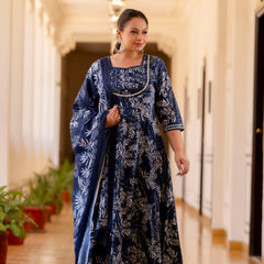 Elegant Navy Blue Cotton Embroidered Anarkali With Dupatta Set (Plus Size)