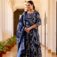 Elegant Navy Blue Cotton Embroidered Anarkali With Dupatta Set (Plus Size)