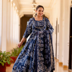 Elegant Navy Blue Cotton Embroidered Anarkali With Dupatta Set (Plus Size)