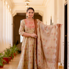 Elegant Cream Cotton Embroidered Anarkali With Dupatta Set (Plus Size)