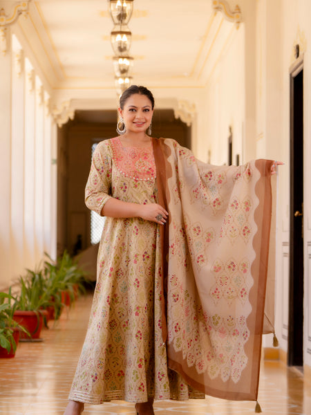 Elegant Cream Cotton Embroidered Anarkali With Dupatta Set (Plus Size)