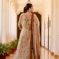 Elegant Cream Cotton Embroidered Anarkali With Dupatta Set (Plus Size)