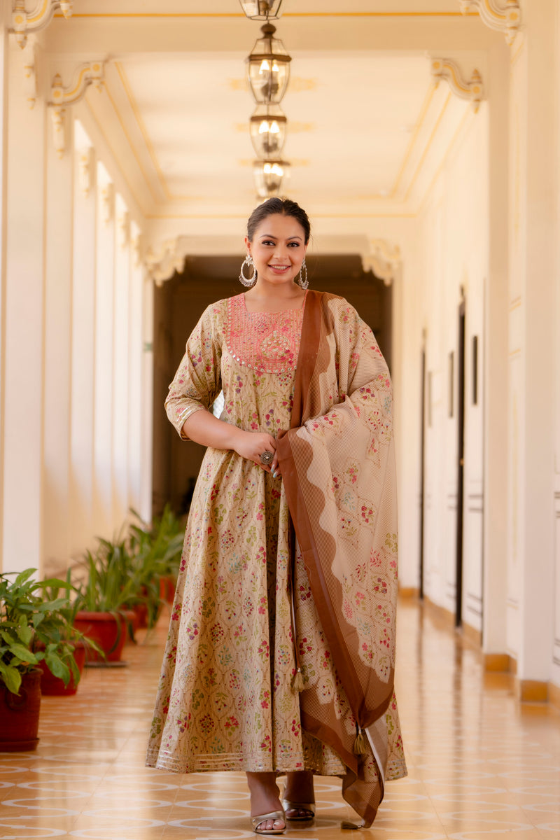 Elegant Cream Cotton Embroidered Anarkali With Dupatta Set (Plus Size)