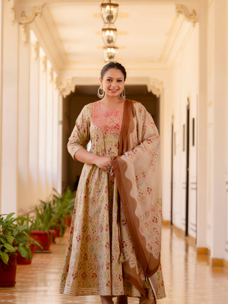 Elegant Cream Cotton Embroidered Anarkali With Dupatta Set (Plus Size)