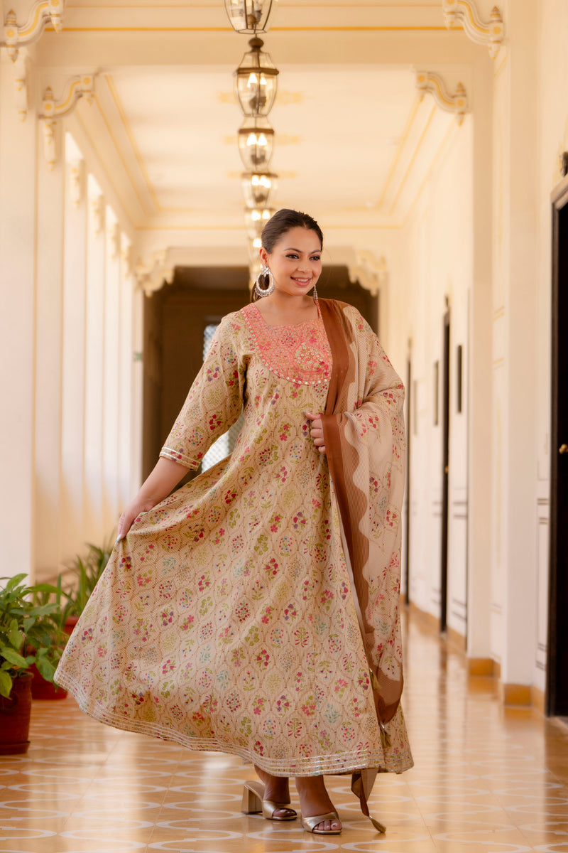 Elegant Cream Cotton Embroidered Anarkali With Dupatta Set (Plus Size)