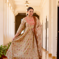 Elegant Cream Cotton Embroidered Anarkali With Dupatta Set (Plus Size)