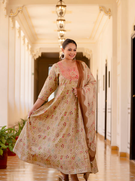 Elegant Cream Cotton Embroidered Anarkali With Dupatta Set (Plus Size)