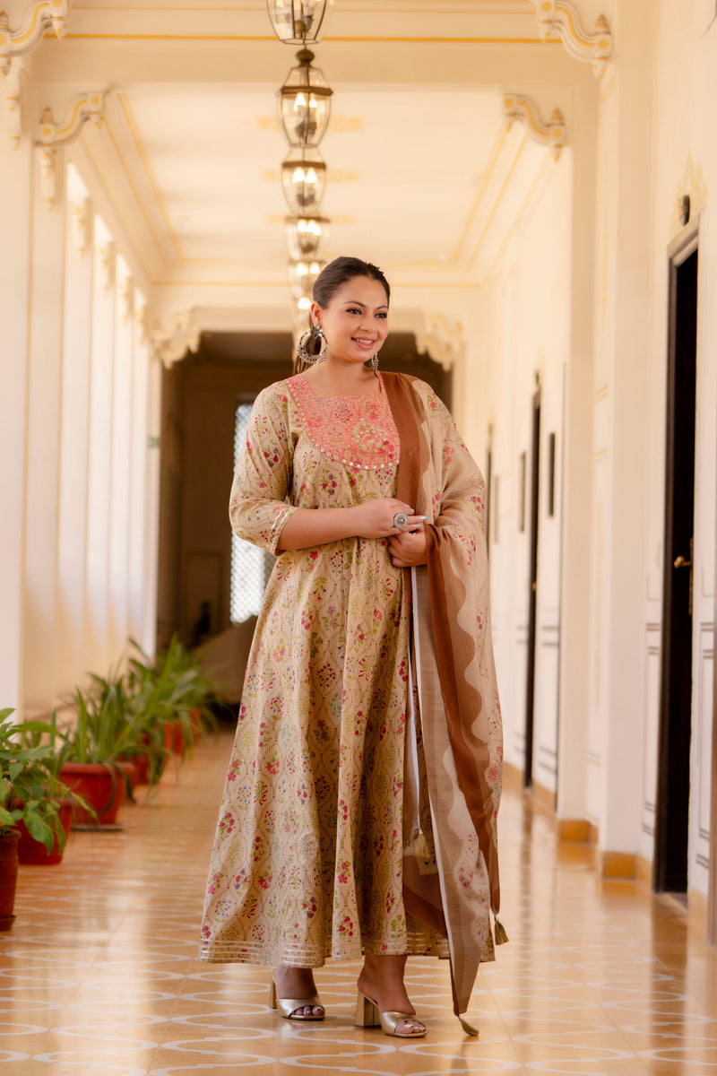 Elegant Cream Cotton Embroidered Anarkali With Dupatta Set (Plus Size)