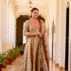 Elegant Cream Cotton Embroidered Anarkali With Dupatta Set (Plus Size)