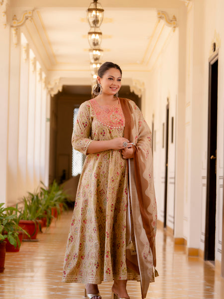 Elegant Cream Cotton Embroidered Anarkali With Dupatta Set (Plus Size)