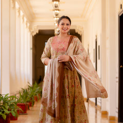 Elegant Cream Cotton Embroidered Anarkali With Dupatta Set (Plus Size)