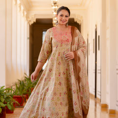 Elegant Cream Cotton Embroidered Anarkali With Dupatta Set (Plus Size)