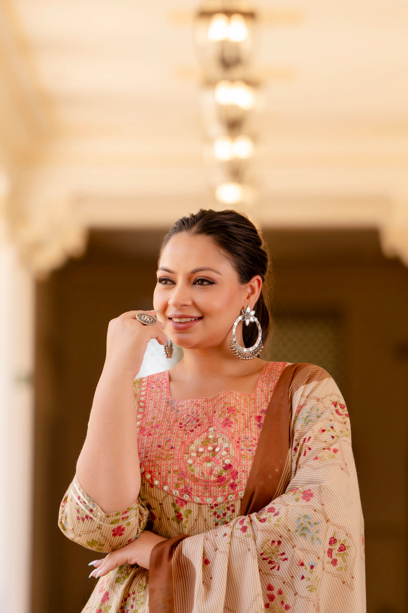 Elegant Cream Cotton Embroidered Anarkali With Dupatta Set (Plus Size)