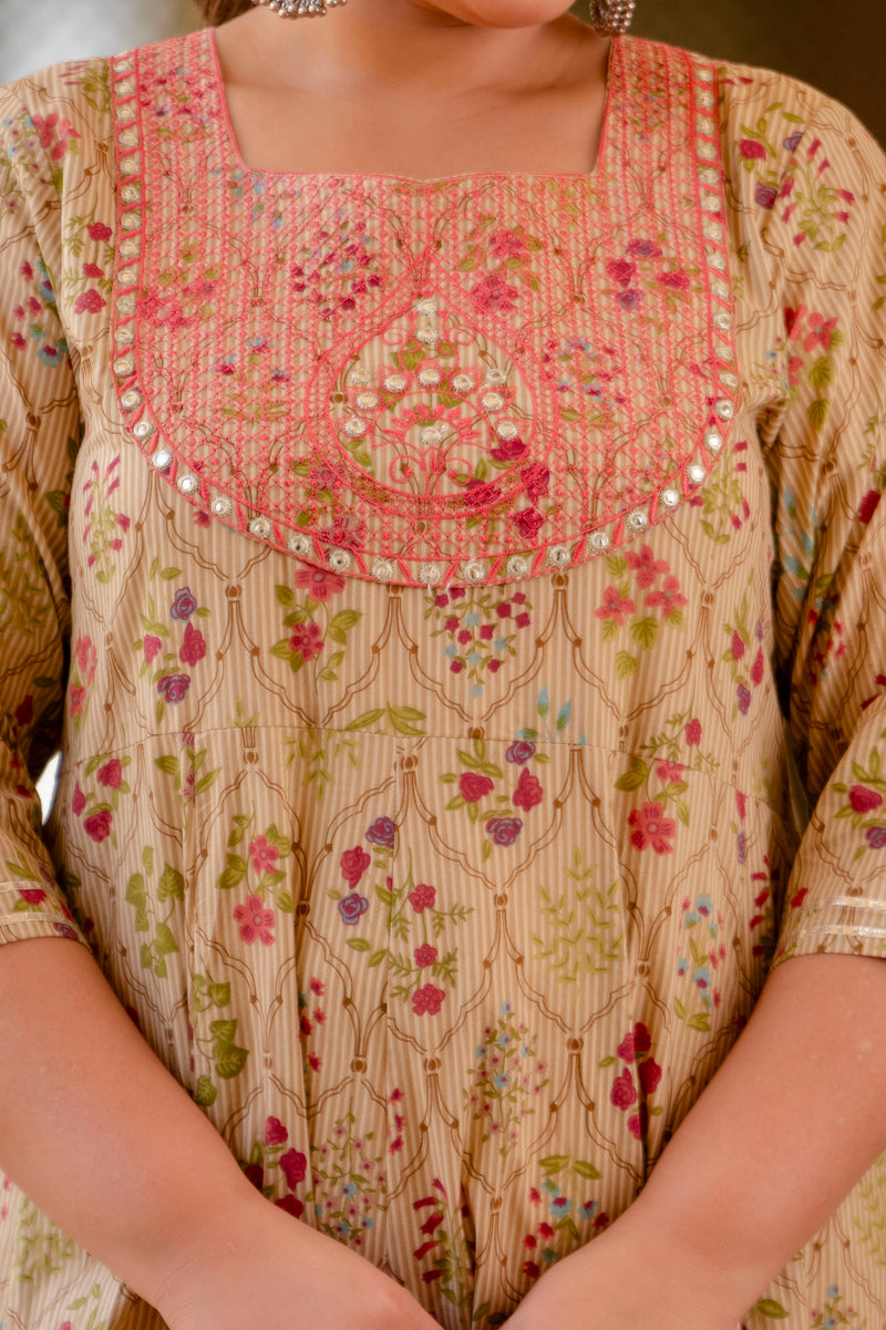 Elegant Cream Cotton Embroidered Anarkali With Dupatta Set (Plus Size)