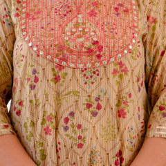 Elegant Cream Cotton Embroidered Anarkali With Dupatta Set (Plus Size)