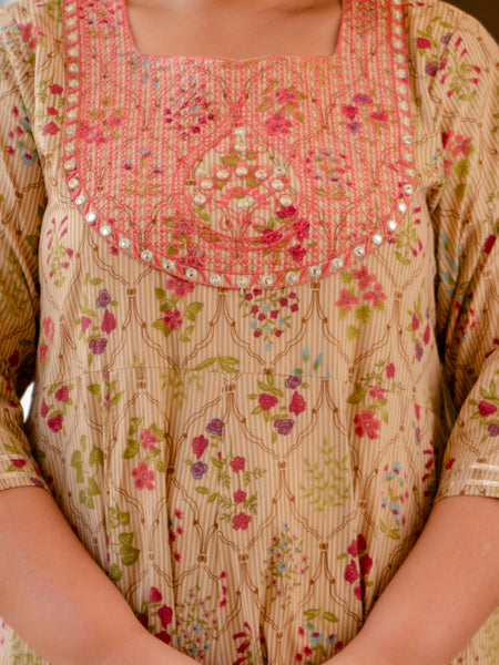 Elegant Cream Cotton Embroidered Anarkali With Dupatta Set (Plus Size)