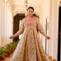 Elegant Cream Cotton Embroidered Anarkali With Dupatta Set (Plus Size)