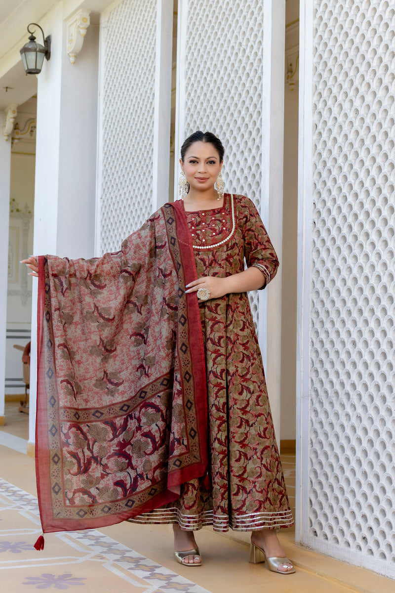 Elegant Brown Cotton Embroidered Anarkali With Dupatta Set (Plus Size)