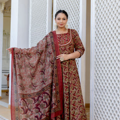 Elegant Brown Cotton Embroidered Anarkali With Dupatta Set (Plus Size)
