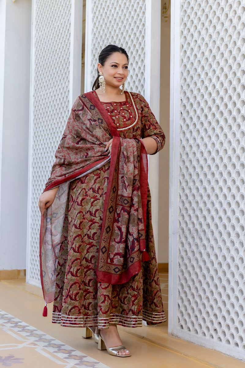 Elegant Brown Cotton Embroidered Anarkali With Dupatta Set (Plus Size)