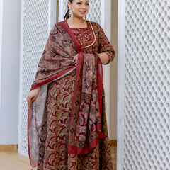 Elegant Brown Cotton Embroidered Anarkali With Dupatta Set (Plus Size)