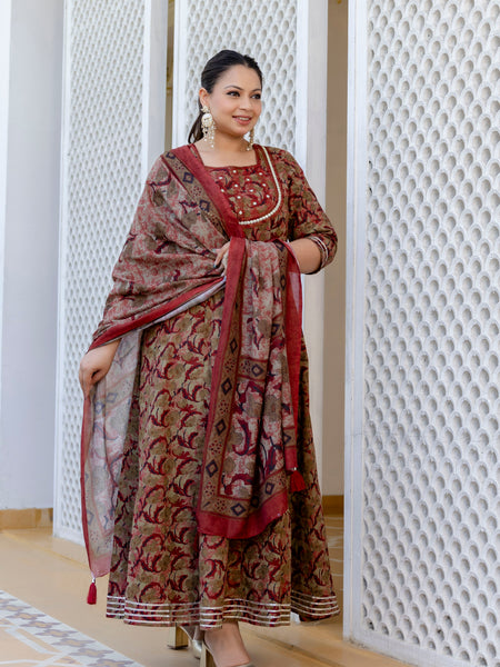 Elegant Brown Cotton Embroidered Anarkali With Dupatta Set (Plus Size)