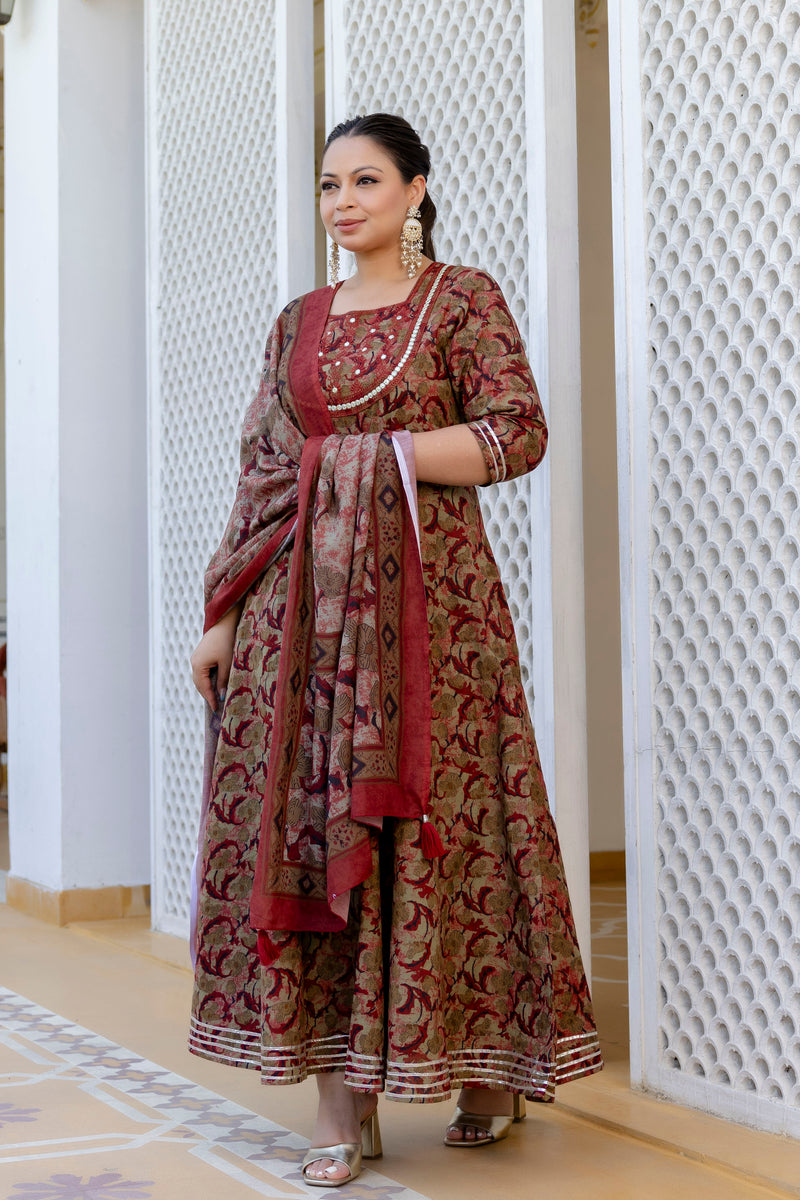 Elegant Brown Cotton Embroidered Anarkali With Dupatta Set (Plus Size)