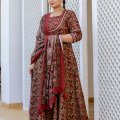 Elegant Brown Cotton Embroidered Anarkali With Dupatta Set (Plus Size)