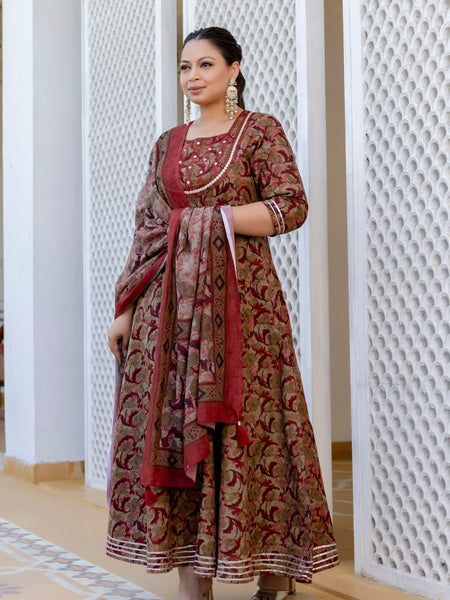 Elegant Brown Cotton Embroidered Anarkali With Dupatta Set (Plus Size)