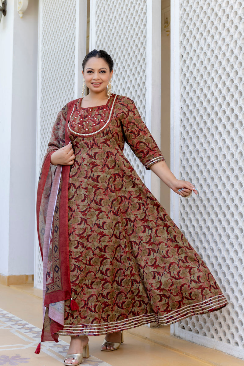 Elegant Brown Cotton Embroidered Anarkali With Dupatta Set (Plus Size)