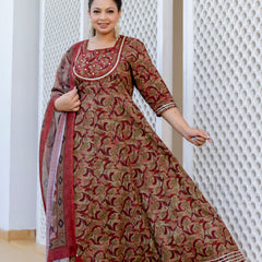 Elegant Brown Cotton Embroidered Anarkali With Dupatta Set (Plus Size)