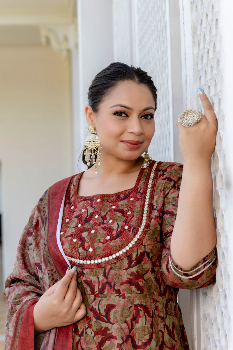 Elegant Brown Cotton Embroidered Anarkali With Dupatta Set (Plus Size)