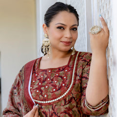 Elegant Brown Cotton Embroidered Anarkali With Dupatta Set (Plus Size)