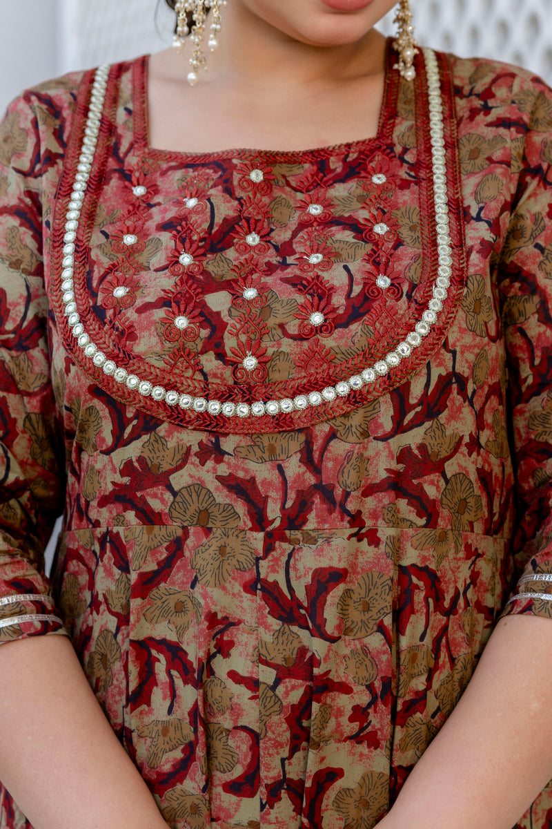 Elegant Brown Cotton Embroidered Anarkali With Dupatta Set (Plus Size)