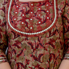 Elegant Brown Cotton Embroidered Anarkali With Dupatta Set (Plus Size)