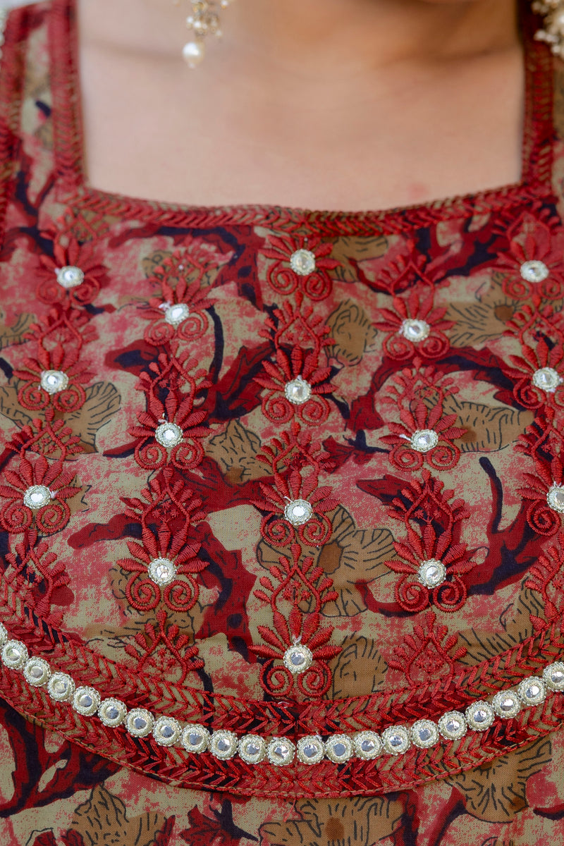 Elegant Brown Cotton Embroidered Anarkali With Dupatta Set (Plus Size)