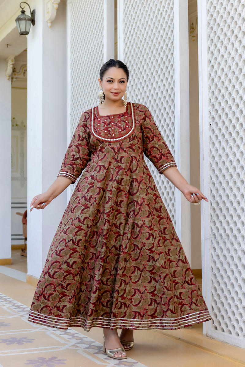 Elegant Brown Cotton Embroidered Anarkali With Dupatta Set (Plus Size)