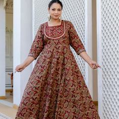 Elegant Brown Cotton Embroidered Anarkali With Dupatta Set (Plus Size)