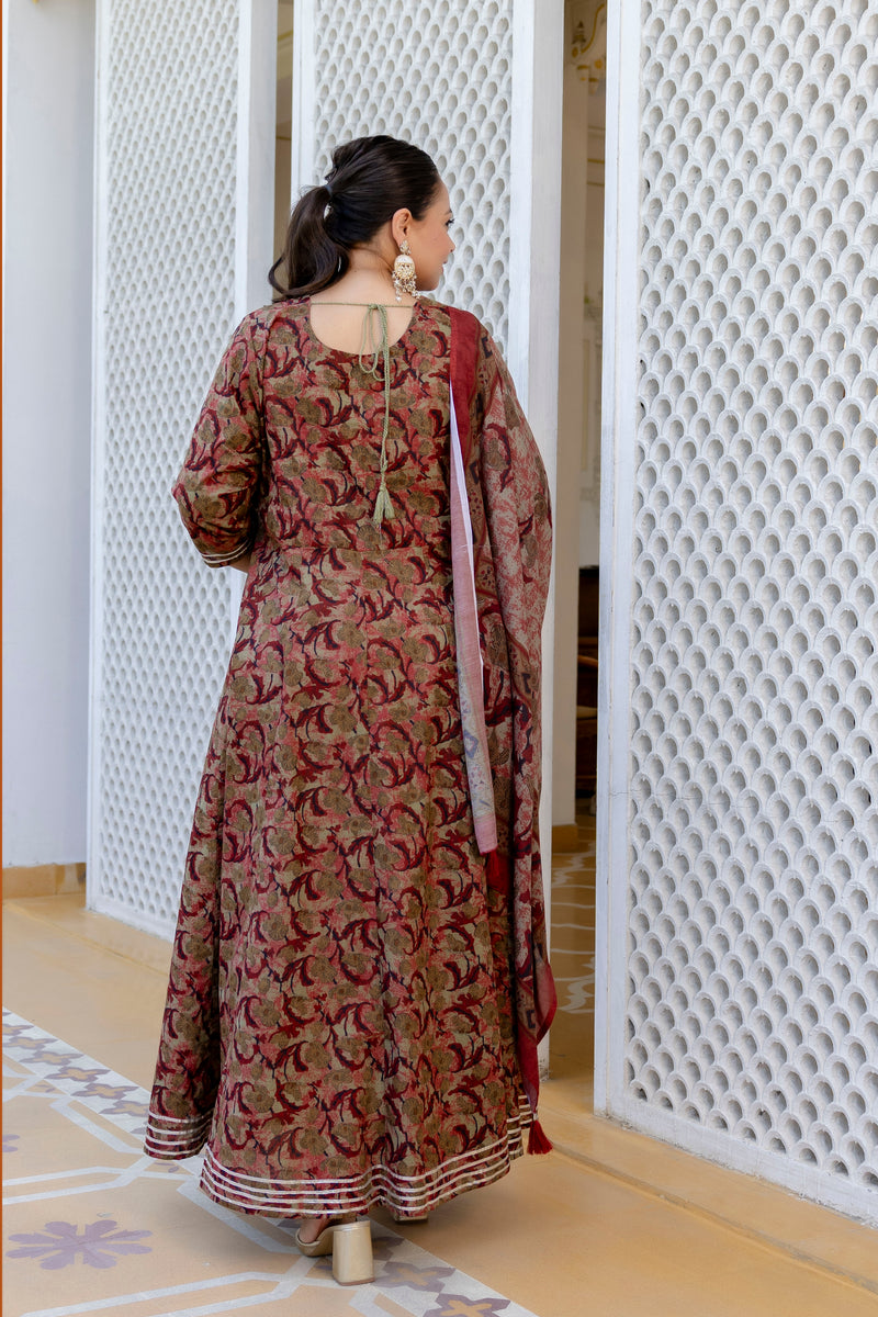 Elegant Brown Cotton Embroidered Anarkali With Dupatta Set (Plus Size)