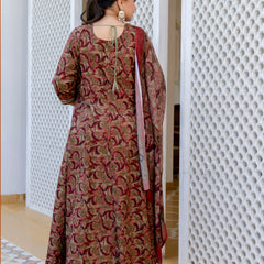 Elegant Brown Cotton Embroidered Anarkali With Dupatta Set (Plus Size)