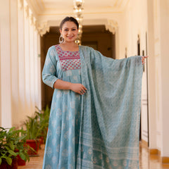 Elegant Light Blue Cotton Embroidered Anarkali With Dupatta Set (Plus Size)