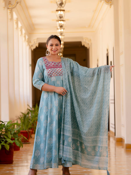 Elegant Light Blue Cotton Embroidered Anarkali With Dupatta Set (Plus Size)
