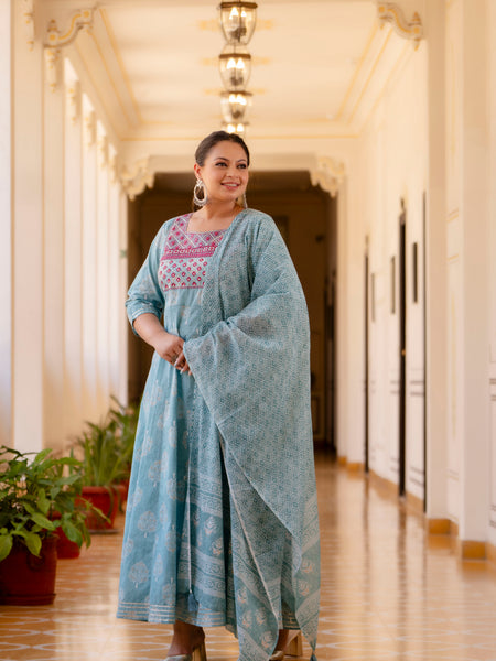 Elegant Light Blue Cotton Embroidered Anarkali With Dupatta Set (Plus Size)