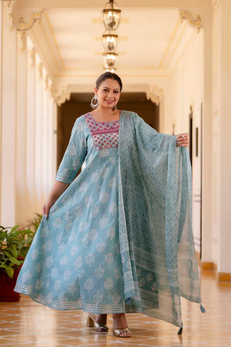 Elegant Light Blue Cotton Embroidered Anarkali With Dupatta Set (Plus Size)