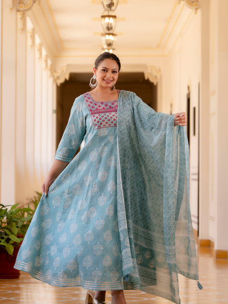 Elegant Light Blue Cotton Embroidered Anarkali With Dupatta Set (Plus Size)