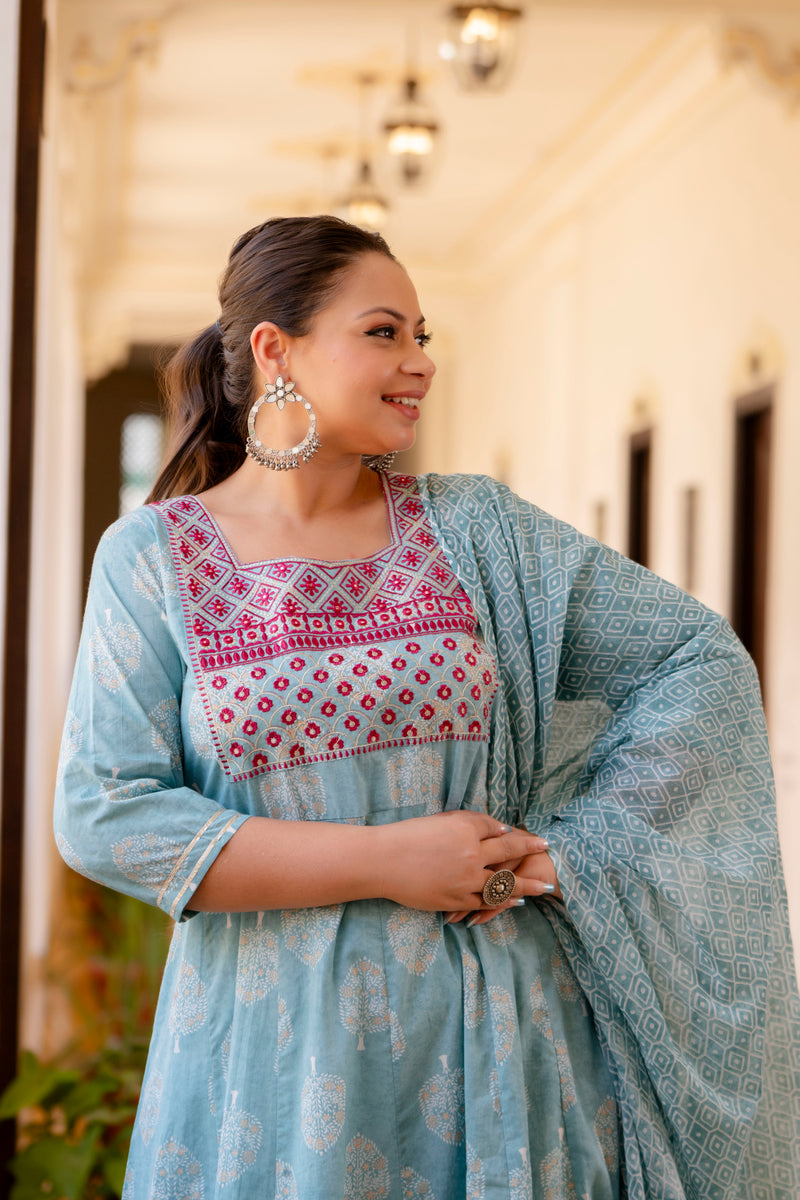 Elegant Light Blue Cotton Embroidered Anarkali With Dupatta Set (Plus Size)