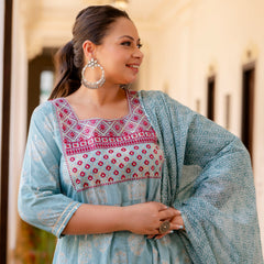 Elegant Light Blue Cotton Embroidered Anarkali With Dupatta Set (Plus Size)